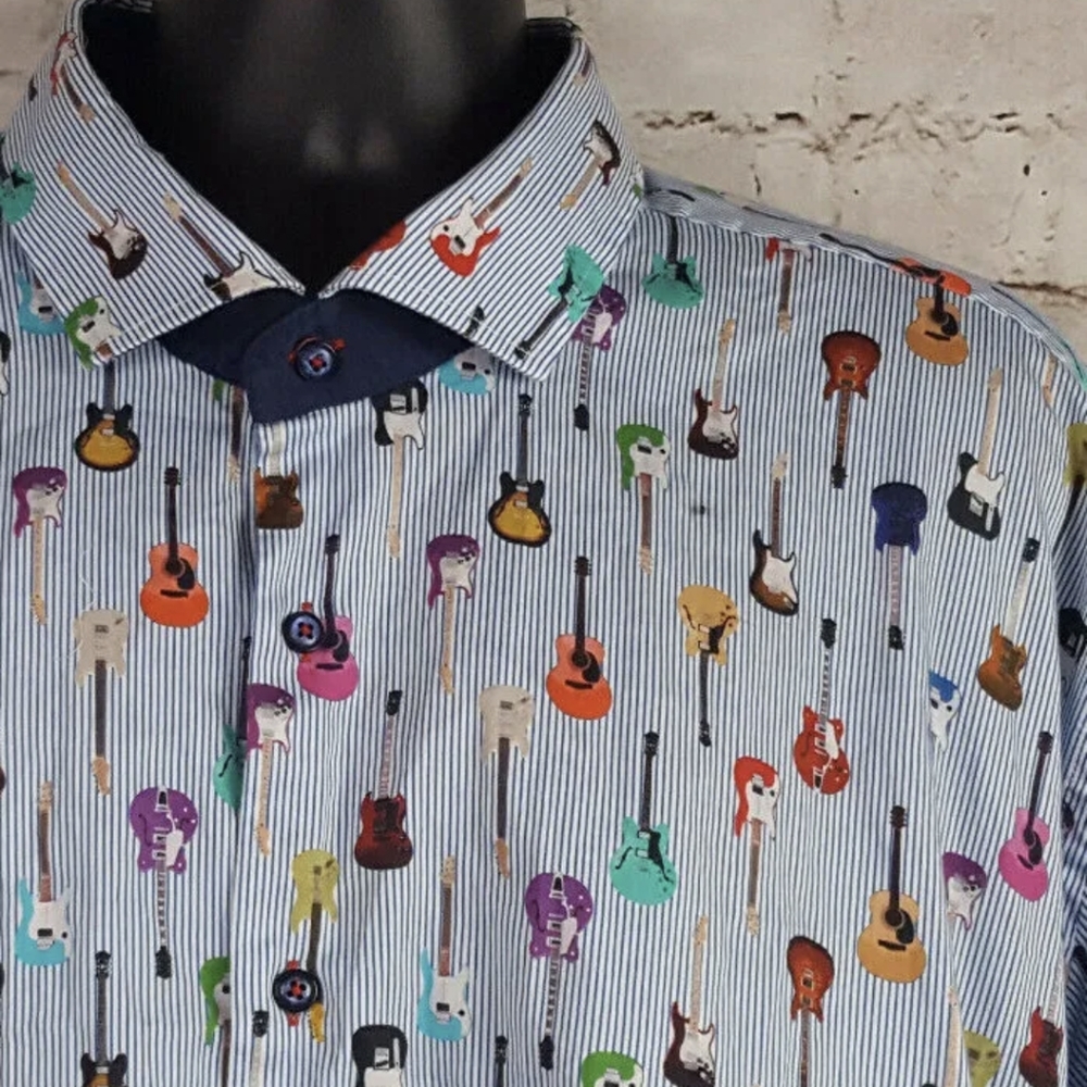 7 Downie St London Couture Long Sleeve Button Down Guitar Print 3XL